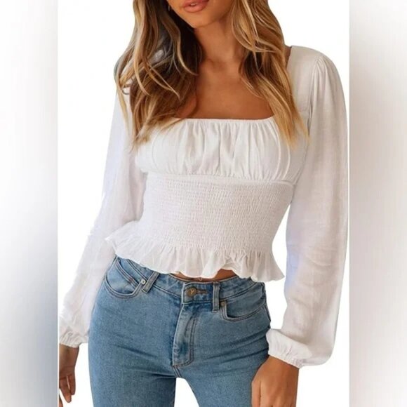 Revamped size M Women's White Smocked Top, long sleeve, ruched waist - Picture 2 of 7